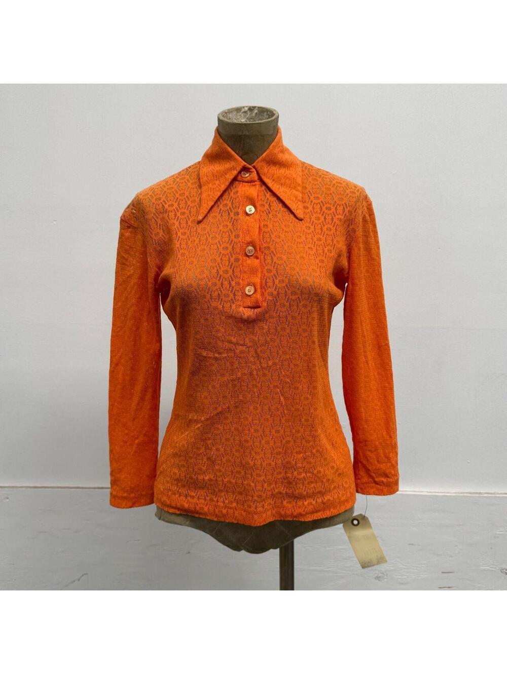 Vintage 70s Orange Open-Knit Lace Dagger Collar Long Sleeve Polo Top